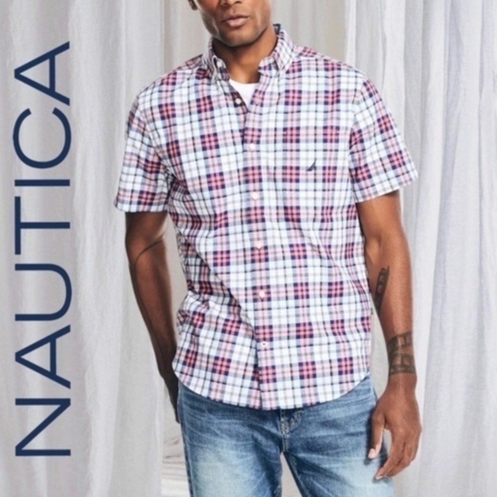NAUTICA Men's Classic/Stretch Fit Short Sleeve Plaid Button Down Shirt NWT/LG
